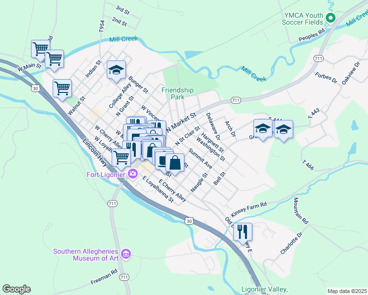 map of restaurants, bars, coffee shops, grocery stores, and more near 211 Summit Avenue in Ligonier