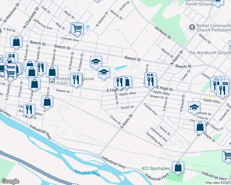 map of restaurants, bars, coffee shops, grocery stores, and more near 846 Eden Street in Pottstown
