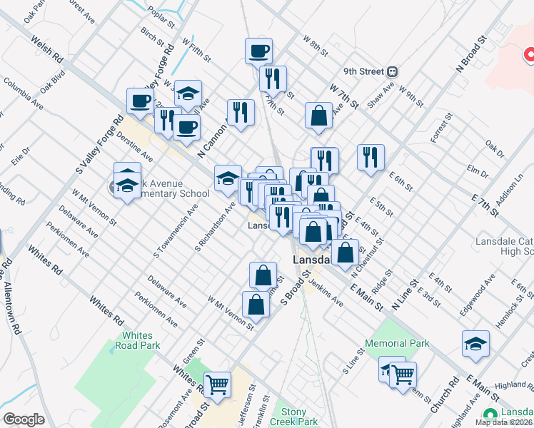 map of restaurants, bars, coffee shops, grocery stores, and more near 311 West Main Street in Lansdale