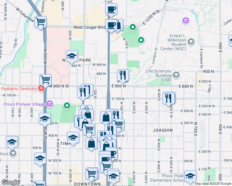 map of restaurants, bars, coffee shops, grocery stores, and more near 745 North 100 East in Provo