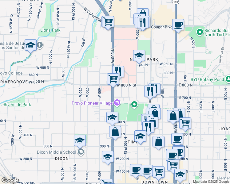 map of restaurants, bars, coffee shops, grocery stores, and more near 742n North 500 West in Provo
