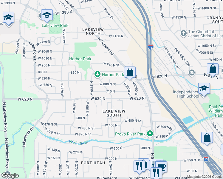 map of restaurants, bars, coffee shops, grocery stores, and more near 2384 710 North in Provo