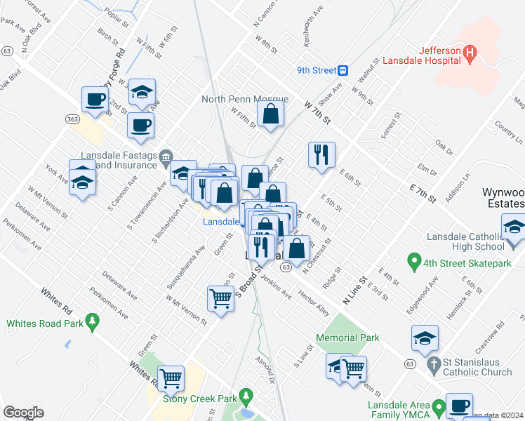 map of restaurants, bars, coffee shops, grocery stores, and more near 66 West 3rd Street in Lansdale