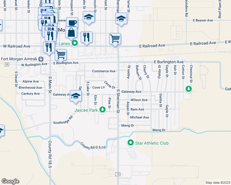 map of restaurants, bars, coffee shops, grocery stores, and more near 629 Gateway Avenue in Fort Morgan
