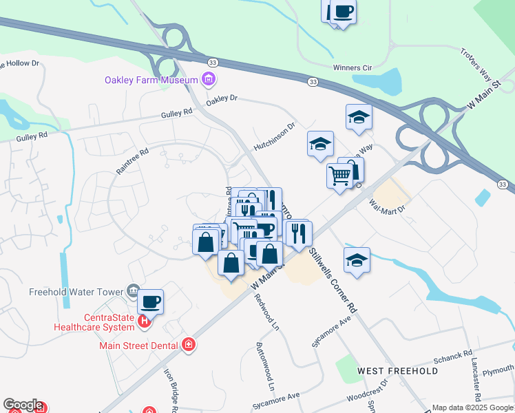 map of restaurants, bars, coffee shops, grocery stores, and more near 16 Jasmine Lane in Freehold