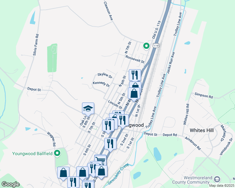 map of restaurants, bars, coffee shops, grocery stores, and more near 219 North 5th Street in Youngwood