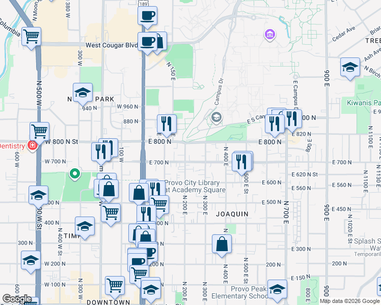 map of restaurants, bars, coffee shops, grocery stores, and more near 267 East 700 North in Provo