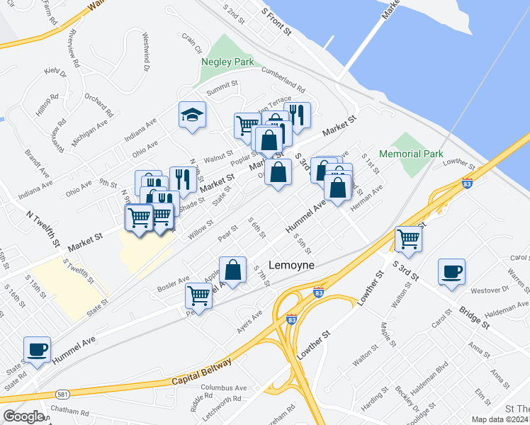 map of restaurants, bars, coffee shops, grocery stores, and more near 523 Bosler Avenue in Lemoyne