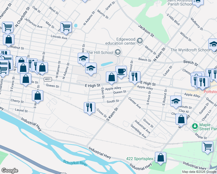map of restaurants, bars, coffee shops, grocery stores, and more near 319 Montgomery Street in Pottstown