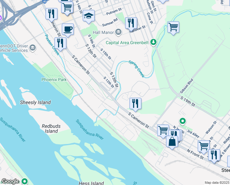 map of restaurants, bars, coffee shops, grocery stores, and more near 1533 South 13th Street in Harrisburg