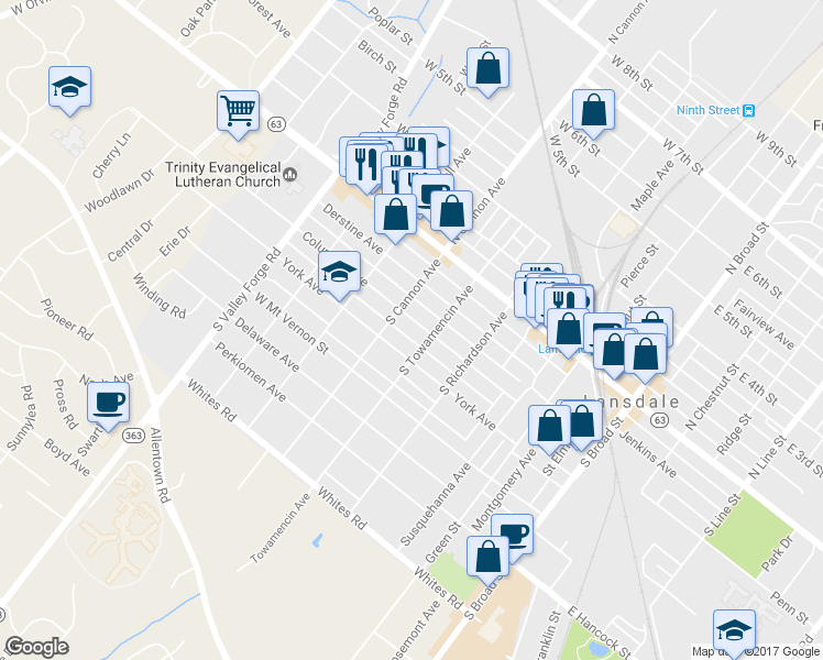 map of restaurants, bars, coffee shops, grocery stores, and more near 620 Columbia Avenue in Lansdale