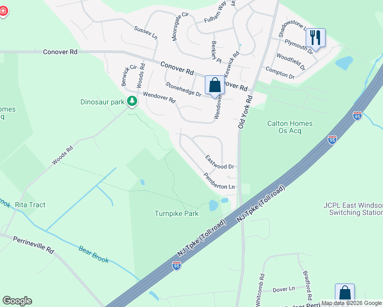 map of restaurants, bars, coffee shops, grocery stores, and more near 38 Pemberton Lane in East Windsor