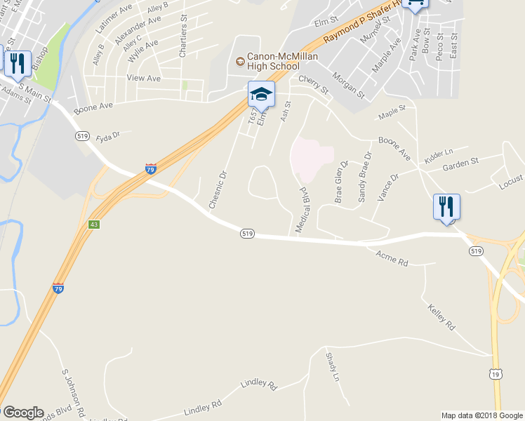 map of restaurants, bars, coffee shops, grocery stores, and more near 117 Sedeca Drive in Canonsburg