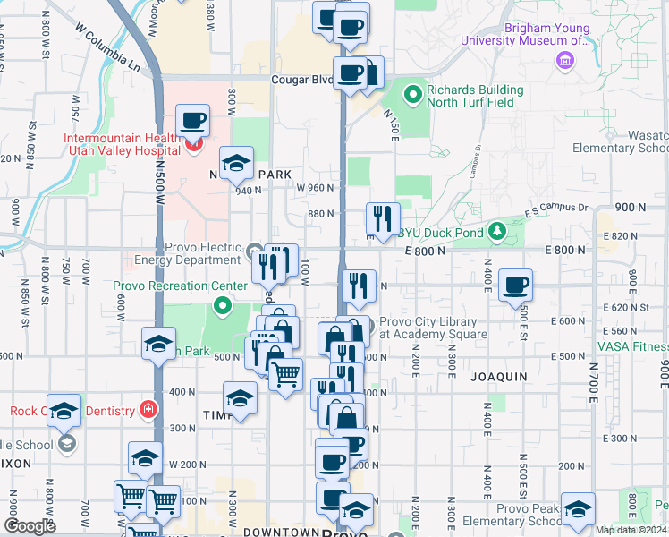 map of restaurants, bars, coffee shops, grocery stores, and more near 745 North University Avenue in Provo