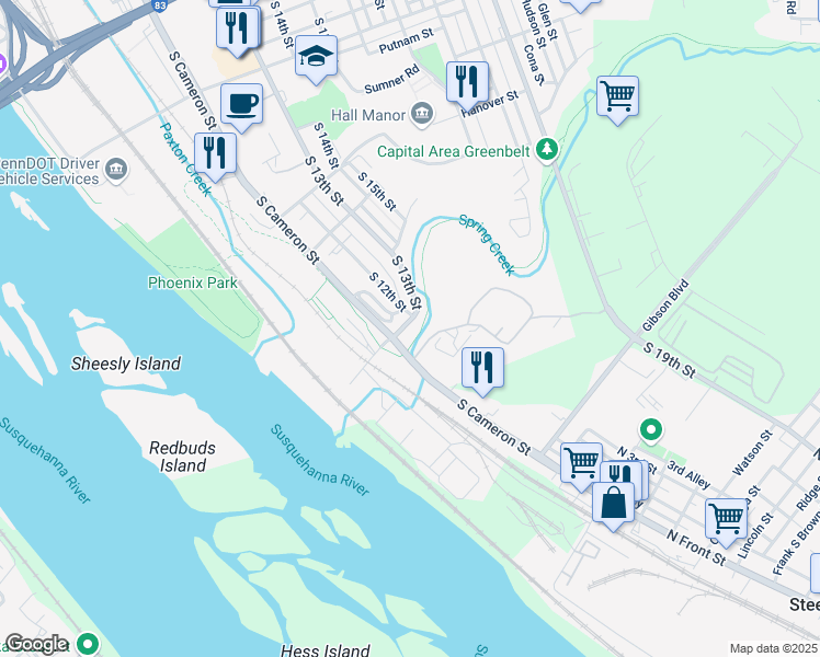 map of restaurants, bars, coffee shops, grocery stores, and more near 1531 South 13th Street in Harrisburg