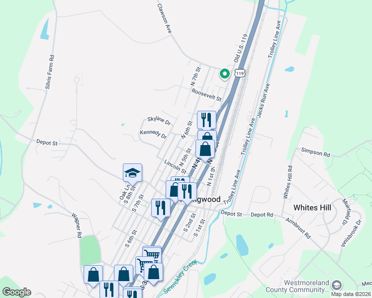 map of restaurants, bars, coffee shops, grocery stores, and more near 219 North 5th Street in Youngwood