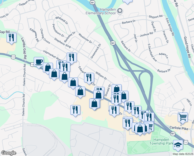 map of restaurants, bars, coffee shops, grocery stores, and more near 6025 Edward Drive in Mechanicsburg