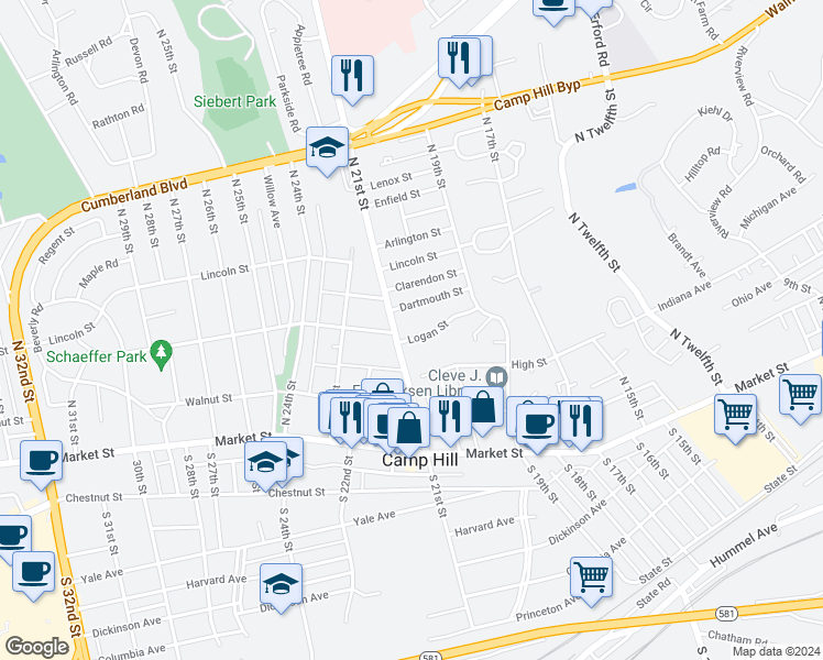 map of restaurants, bars, coffee shops, grocery stores, and more near 1918 Logan Street in Camp Hill