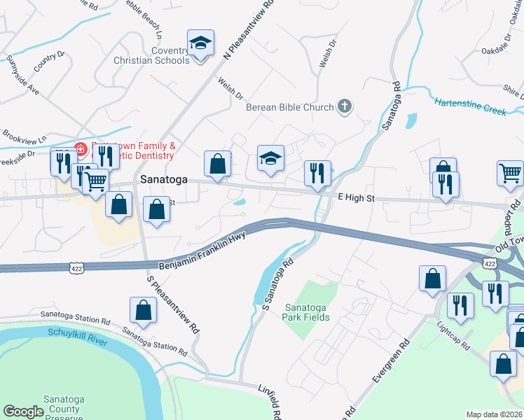 map of restaurants, bars, coffee shops, grocery stores, and more near 58 Shelly Lane in Sanatoga