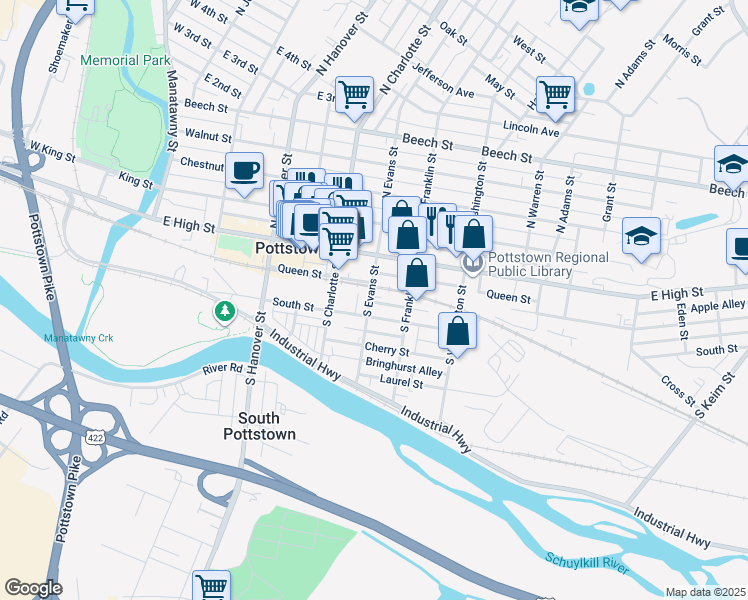 map of restaurants, bars, coffee shops, grocery stores, and more near 69 South Evans Street in Pottstown