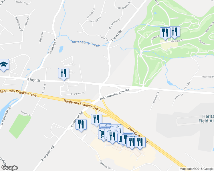 map of restaurants, bars, coffee shops, grocery stores, and more near 3110 West Ridge Pike in Sanatoga