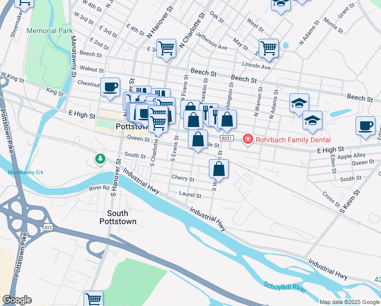 map of restaurants, bars, coffee shops, grocery stores, and more near 375 New Street in Pottstown
