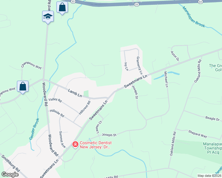 map of restaurants, bars, coffee shops, grocery stores, and more near 96 Sweetmans Lane in Manalapan Township