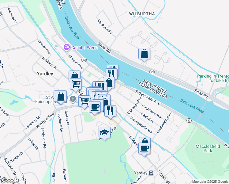 map of restaurants, bars, coffee shops, grocery stores, and more near 54 Ferry Street in Yardley