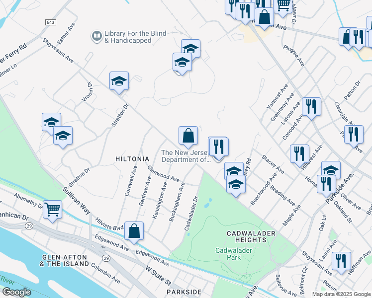 map of restaurants, bars, coffee shops, grocery stores, and more near 1450 Stuyvesant Avenue in Trenton
