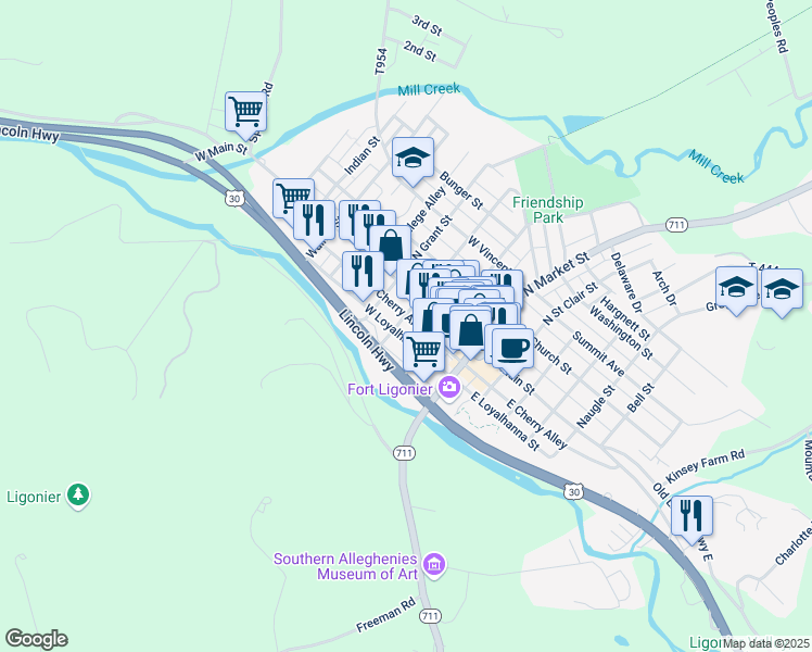 map of restaurants, bars, coffee shops, grocery stores, and more near 216 West Loyalhanna Street in Ligonier