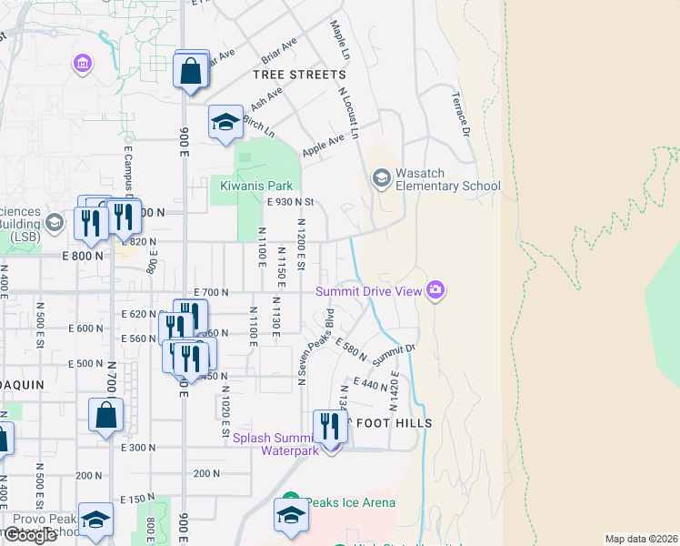 map of restaurants, bars, coffee shops, grocery stores, and more near 725 Hillsdale Lane in Provo