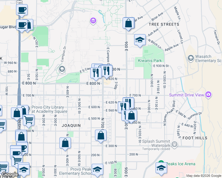 map of restaurants, bars, coffee shops, grocery stores, and more near 788 East 750 North Street in Provo