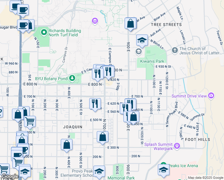 map of restaurants, bars, coffee shops, grocery stores, and more near 788 East 750 North Street in Provo