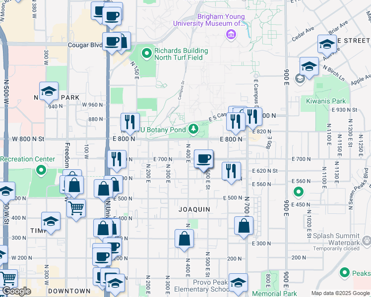 map of restaurants, bars, coffee shops, grocery stores, and more near 735 North 400 East in Provo