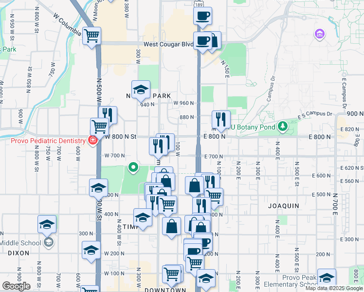 map of restaurants, bars, coffee shops, grocery stores, and more near 738 100 West in Provo