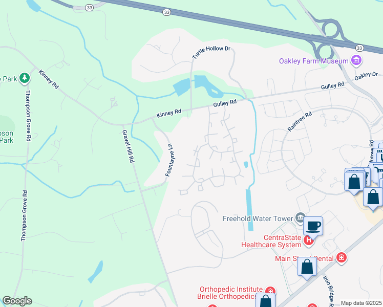 map of restaurants, bars, coffee shops, grocery stores, and more near 32 Oliver Court in Freehold