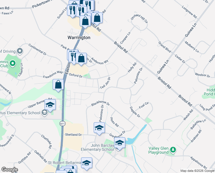 map of restaurants, bars, coffee shops, grocery stores, and more near 2102 Ted Jim Drive in Warrington