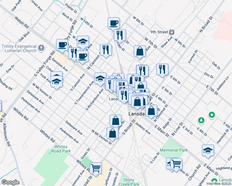 map of restaurants, bars, coffee shops, grocery stores, and more near in Lansdale