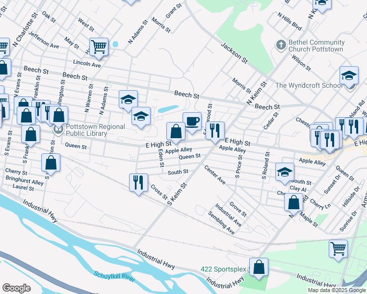 map of restaurants, bars, coffee shops, grocery stores, and more near 319 Montgomery Street in Pottstown