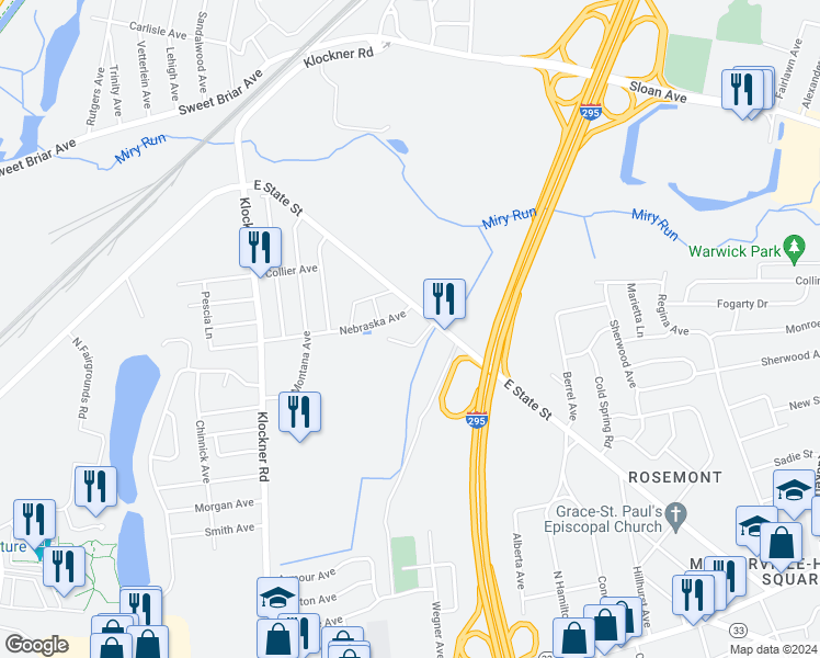 map of restaurants, bars, coffee shops, grocery stores, and more near 197 Nebraska Avenue in Hamilton Township