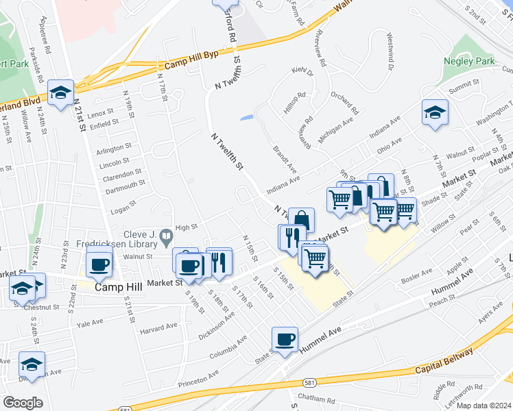 map of restaurants, bars, coffee shops, grocery stores, and more near 10 Indiana Circle in Lemoyne