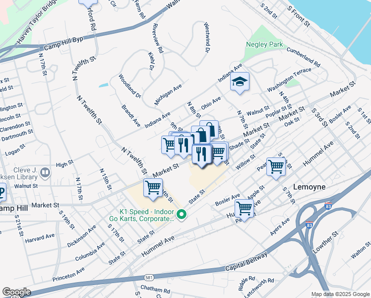 map of restaurants, bars, coffee shops, grocery stores, and more near 39 North 10th Street in Lemoyne