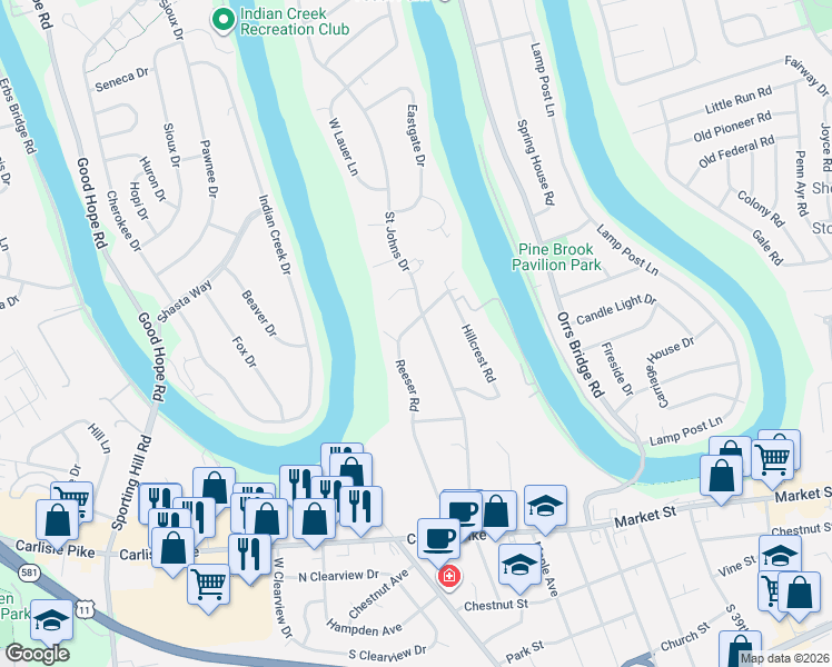 map of restaurants, bars, coffee shops, grocery stores, and more near 301 Reeser Road in Camp Hill