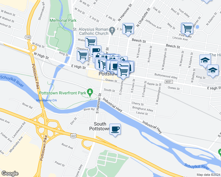 map of restaurants, bars, coffee shops, grocery stores, and more near 81 South Penn Street in Pottstown