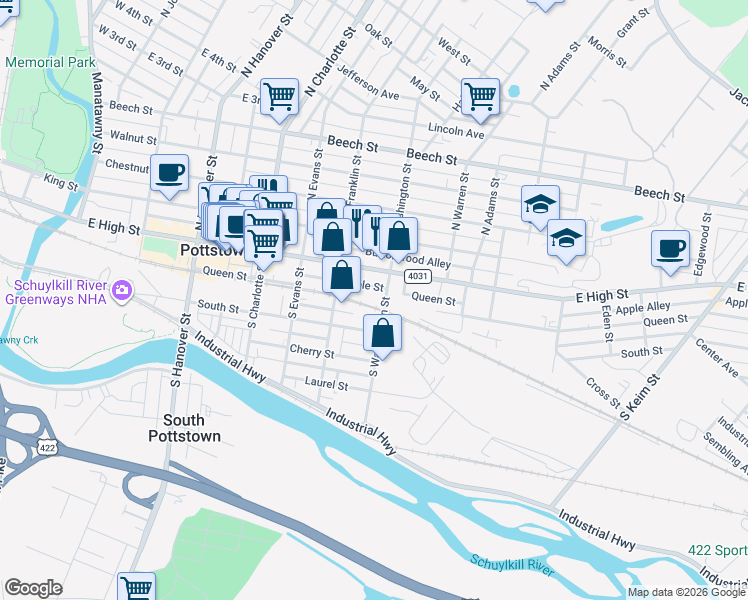 map of restaurants, bars, coffee shops, grocery stores, and more near 427 South Street in Pottstown