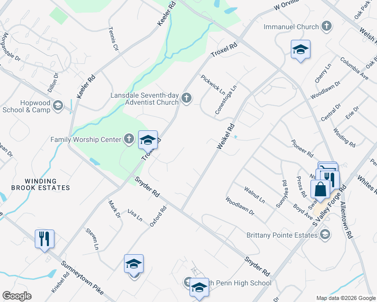 map of restaurants, bars, coffee shops, grocery stores, and more near 962 Weikel Road in Lansdale