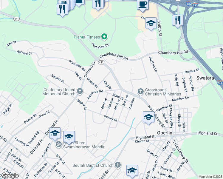 map of restaurants, bars, coffee shops, grocery stores, and more near 907 King Street in Harrisburg