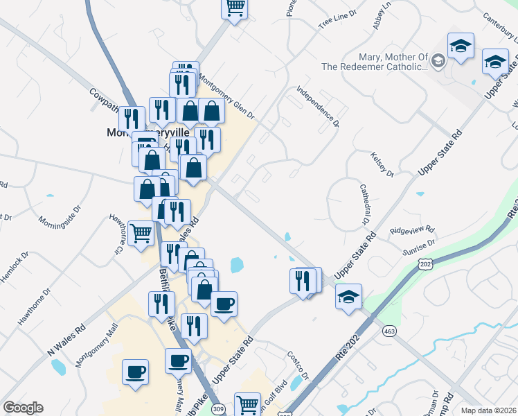 map of restaurants, bars, coffee shops, grocery stores, and more near 309 Franklin Court in North Wales