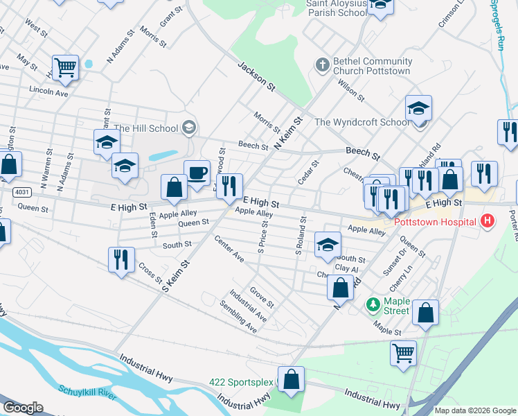 map of restaurants, bars, coffee shops, grocery stores, and more near 1039 Apple Alley in Pottstown