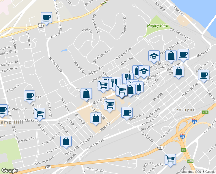 map of restaurants, bars, coffee shops, grocery stores, and more near 46 North 10th Street in Lemoyne